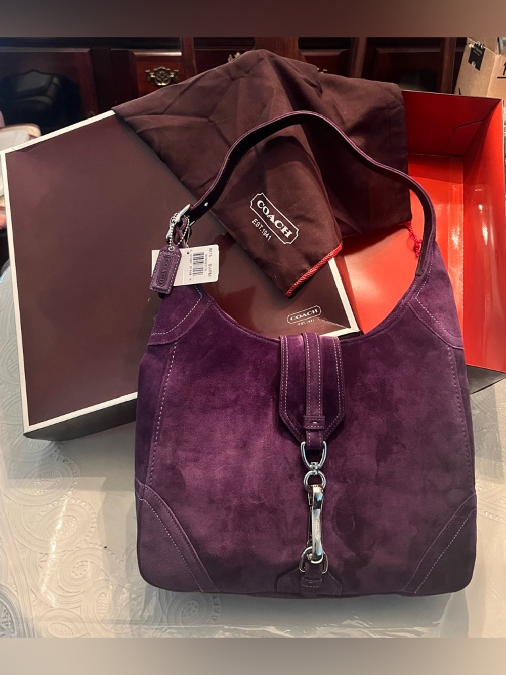VINTAGE COACH HAMPTONS PLUM SUEDE LARGE HOBO BAG CARE KIT DUST BAG NEW IN BOX